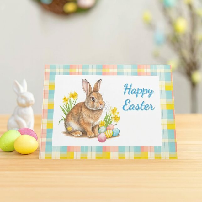 Påsk vår rutmönster  helgkort (cheerful spring plaid Easter card with bunny rabbit and inside message. )