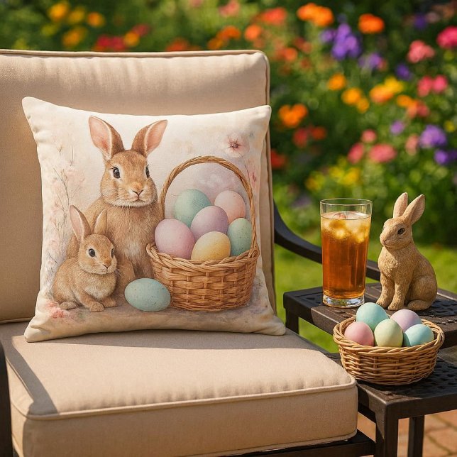 Påsk / Vårkanin & Färgade Ägg Kudde (Outdoor living space decor...Easter throw pillow with Rabbit and Eggs.  Mockup )
