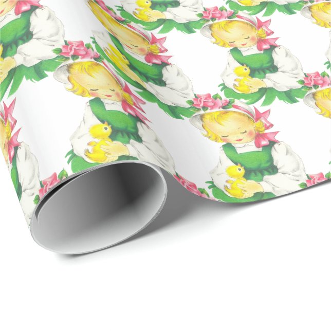 Påsk Vintage Girl med Påsk Chick Presentpapper (Rullad Hörn)