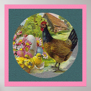 Påsk Vintage Hen och Chickar Texturerade Poster
