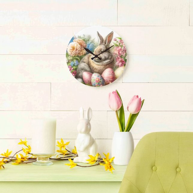 Påsk Vintage Kanin Rund Väggklocka (Vintage Easter-themed wall clock featuring a rabbit and colorful eggs.)