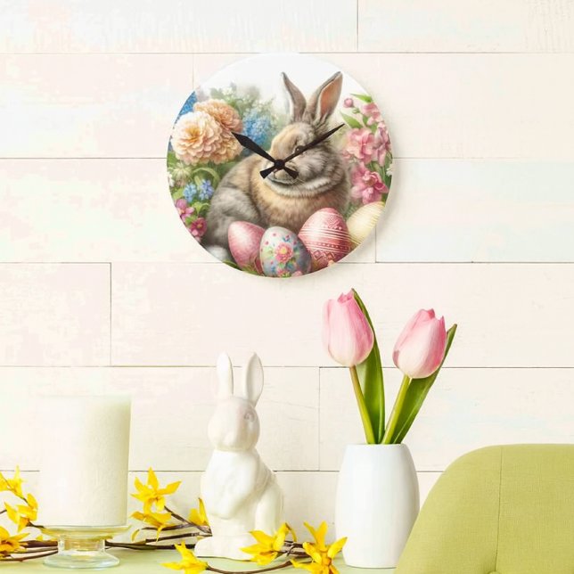 Påsk Vintage Kanin Rund Väggklocka (Vintage Easter-themed wall clock featuring a rabbit and colorful eggs.)