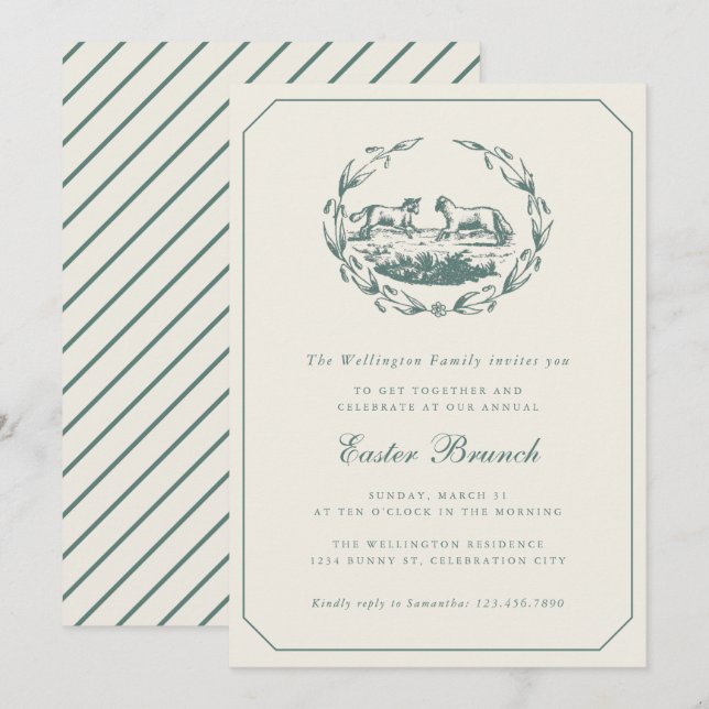 Påsk Vintagelamm Elegant Sagegrön Brunch Inbjudningar (Fram/baksida)
