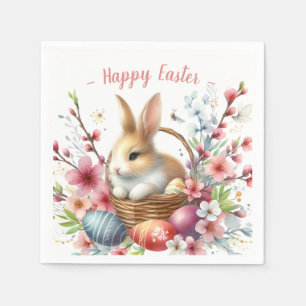 Påsk Watercolor Rabbit Eggs and Flowers - Pappersservett