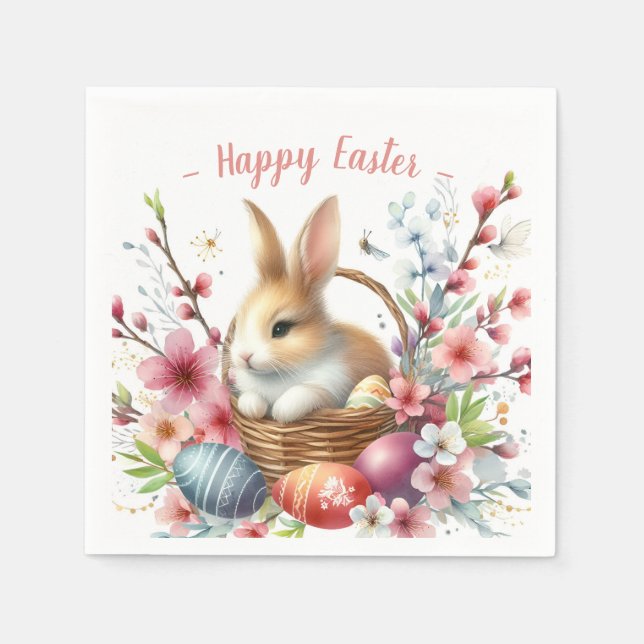 Påsk Watercolor Rabbit Eggs and Flowers - Pappersservett (Framsidan)