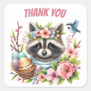 Påsk Watercolor Raccoon Eggs and Flowers - Fyrkantigt Klistermärke