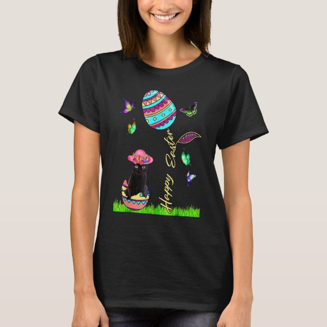 Påsk Women Lucky Black Cat Bunny Påsk Bonnet G T Shirt (Framsida)