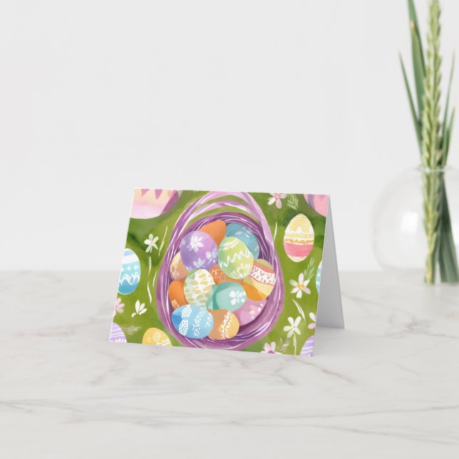 Påskägg Basket | Vår Pastel Watercolor Helgkort (Framsida)