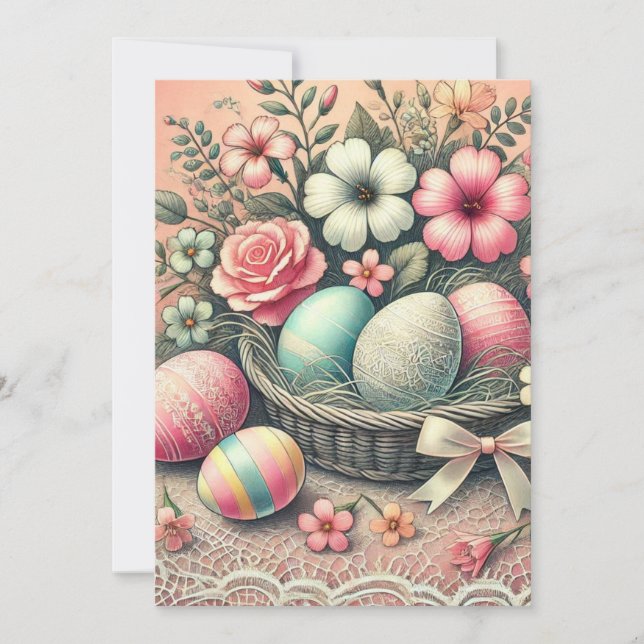 Påskägg blommor spets pastell färger vattenfärg  julkort (Framsida)