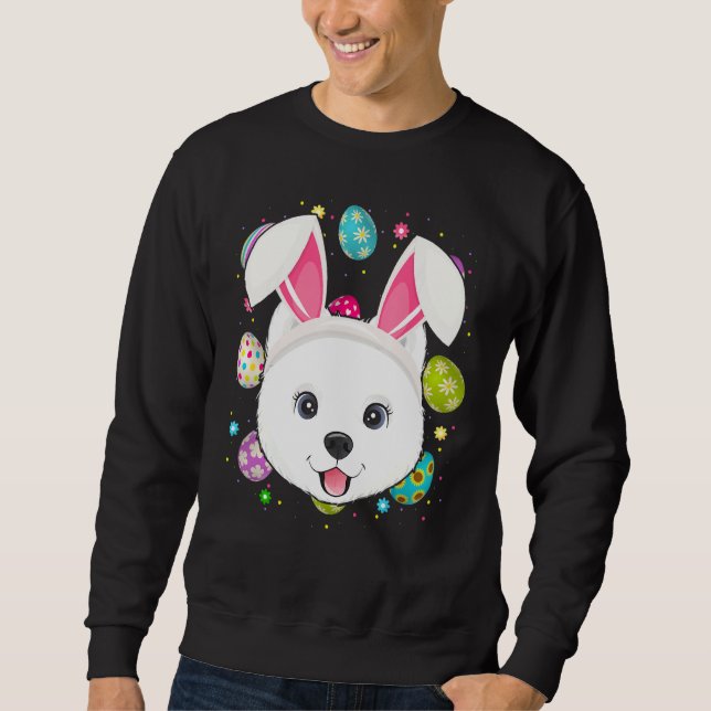 Påskägg Bunny Ear Samoyed Hund Ansikte Påsk Sund Lång Ärmad Tröja (Framsida)