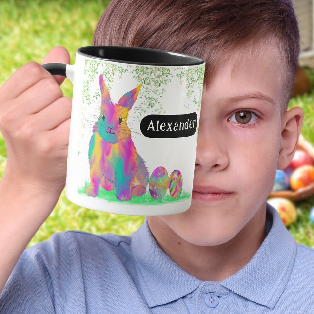 Påskägg Bunny Personlig Namn Mugg (Personalized name cute colorful Easter bunny Egg Hunt Spring Brunch Garden party Mug)