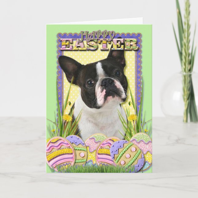 Påskägg Cookies - Boston Terrier Helgkort (Framsida)