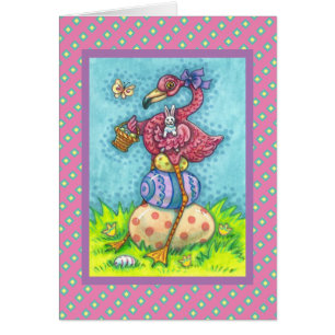 PÅSKÄGG, CUTE ROSA FLAMINGO, BUNNY Verse CARD OBS Kort
