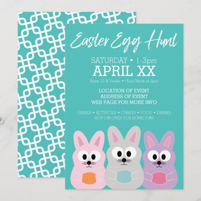 Påskägg Hunt Advertisement - Cute Bunny Rabbits Inbjudningar (Fram/baksida)
