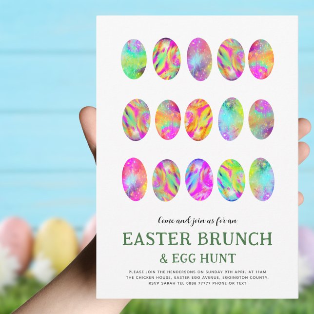 Påskägg Hunt Brunch Watercolor modern Inbjudningar (Trendy Easter brunch and egg hunt invitation colorful arty Easter egg pattern)