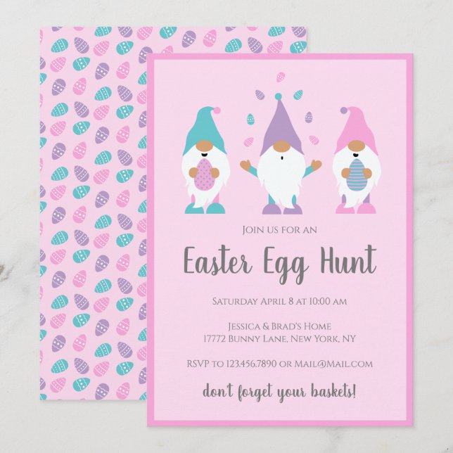 Påskägg Hunt Gnomes Rosa Inbjudningar (Fram/baksida)