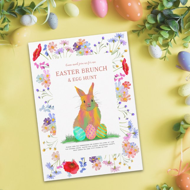 Påskägg Hunt och Brunch Blommigt Bunny Inbjudan Vykort (Personalized happy easter colorful watercolor cute bunny wildflower floral budget holiday postcard)