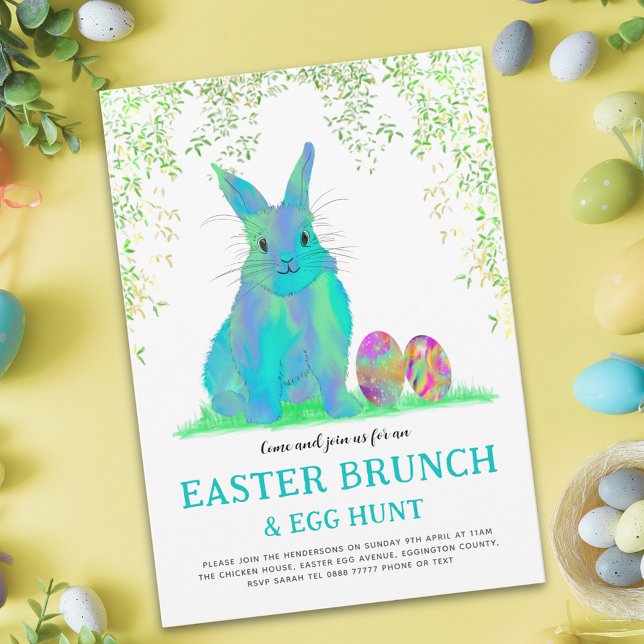 Påskägg Hunt och Brunch Blue Bunny (Easter egg hunt spring brunch cute blue bunny & eggs garden party budget invitation)