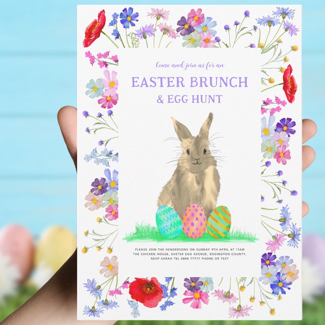 Påskägg Hunt och Brunch Bunny Blommigt Inbjudningar (Easter brunch and egg hunt custom invitation cute bunny and eggs with watercolor wildflower floral)