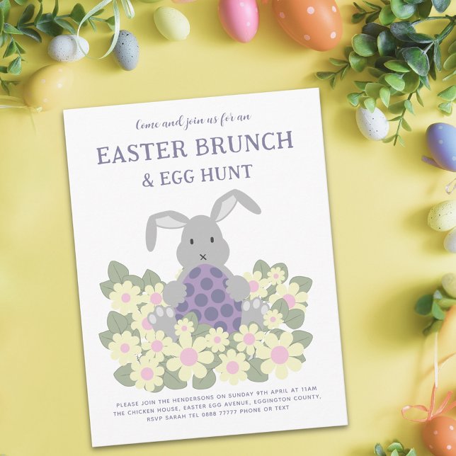 Påskägg Hunt och Brunch Cute Bunny Blommigt Inbjudan Vykort (Easter egg hunt spring brunch cute bunny floral garden party invitation postcard Pink purple egg art)