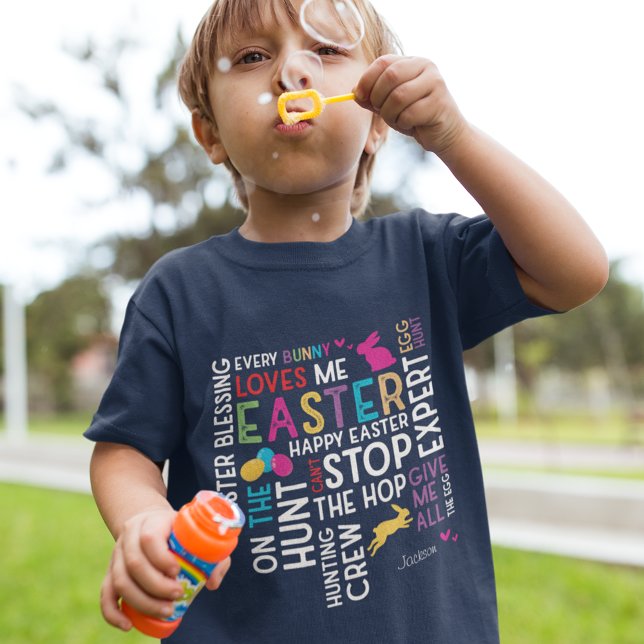 Påskägg Hunt Ord Cloud med Kid Namn Blue T Shirt (Skapare uppladdad)
