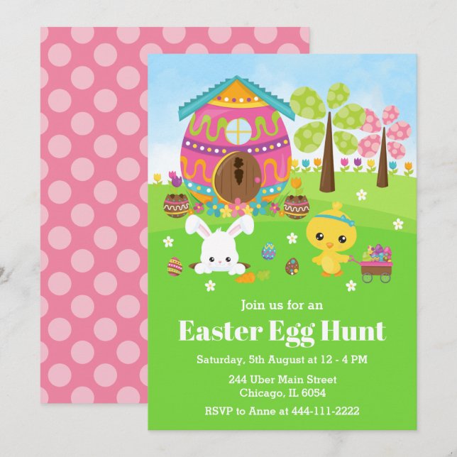 Påskägg Hunt Party Bunny och Chick Inbjudningar (Fram/baksida)