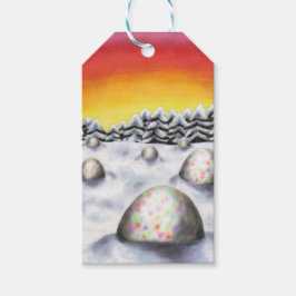 påskägg i vinterlandskap i närheten av skog presentetikett