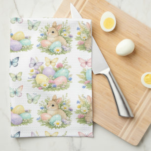 Påskägg & Kaniner i pastellfärger Blommor & Fjäril Kökshandduk