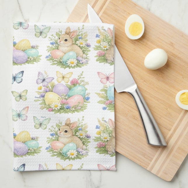 Påskägg & Kaniner i pastellfärger Blommor & Fjäril Kökshandduk (Vikt i Fjärdedel)