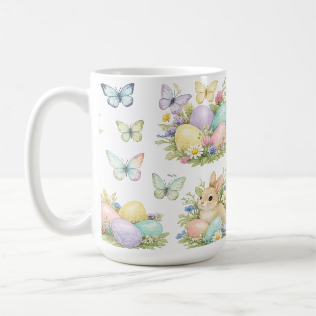 Påskägg & kaniner i pastelljus Blommor & fjärilar Kaffemugg (Vänster)