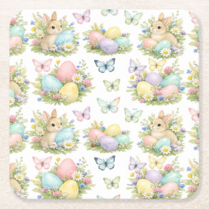 Påskägg & kaniner i pastelljus Blommor & fjärilar Underlägg Papper Kvadrat