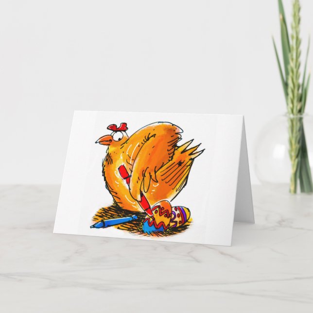 påskägg, karikatyr kyckling målar sina egna ägg helgkort (Framsida)