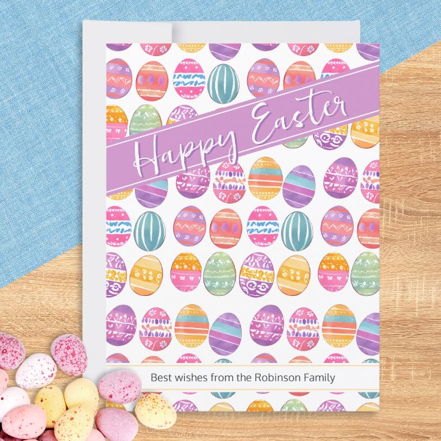 Påskägg mönstrad julkort (A personalized greetings card with 'Happy Easter' words and pattern of colorful Easter eggs)