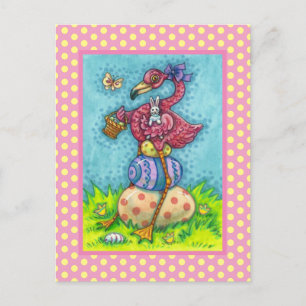 PÅSKÄGG OCH BABY ROSA FLAMINGO MED BUNNY HELG VYKORT