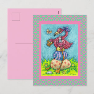 PÅSKÄGG OCH BABY ROSA FLAMINGO MED BUNNY HELG VYKORT