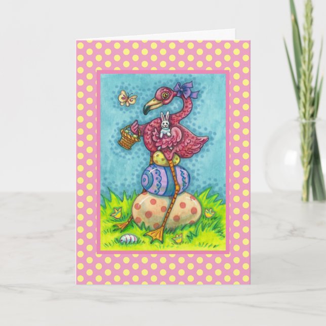 PÅSKÄGG OCH BABY ROSA FLAMINGO MED BUNNY HELGKORT (Framsida)
