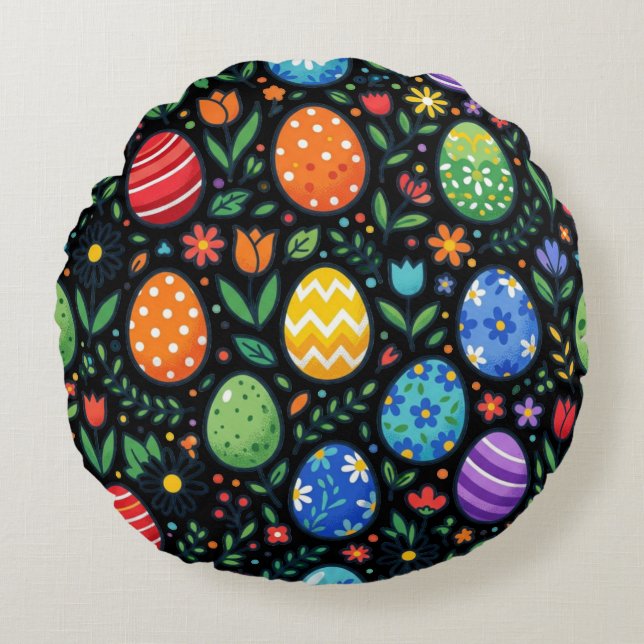 Påskägg och blommor i regnbågens färger rund kudde (Framsidan)