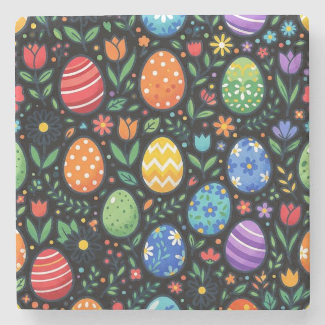 Påskägg och blommor i regnbågens färger stenunderlägg (Framsidan)