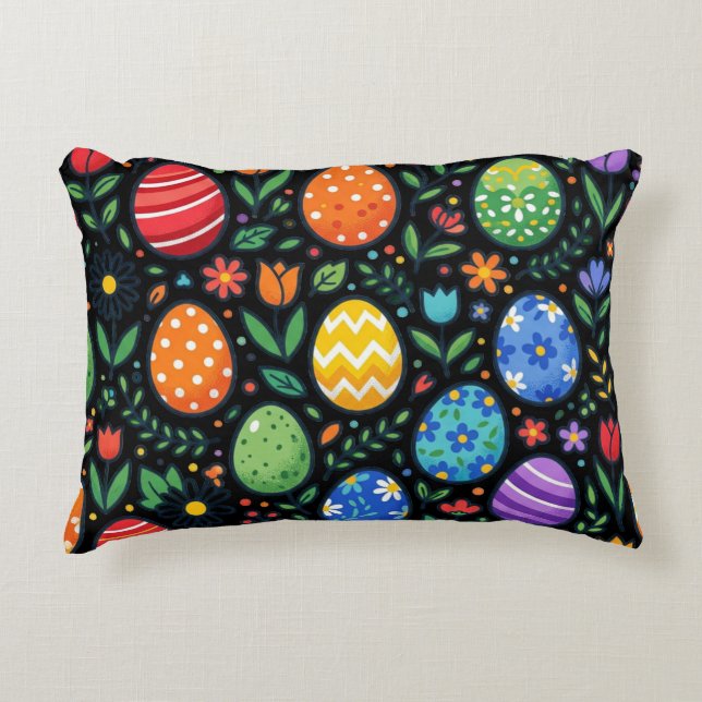 Påskägg och blommor i regnbågsfärger prydnadskudde (Framsidan)