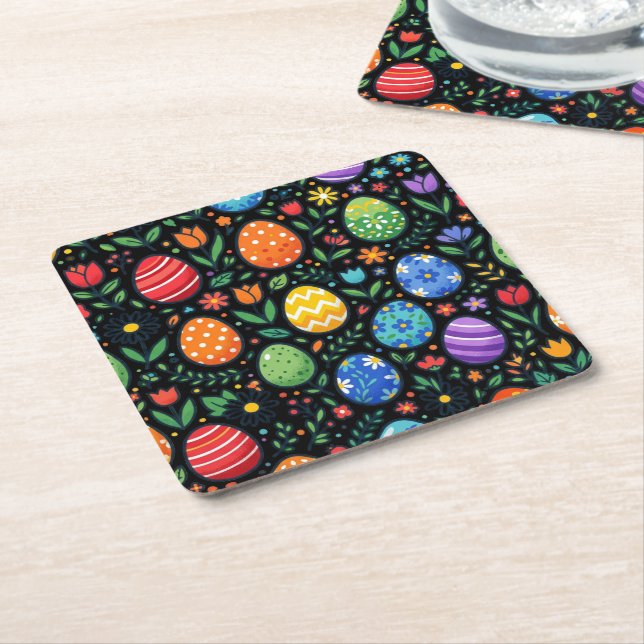 Påskägg och blommor i regnbågsfärger underlägg papper kvadrat (Vinklad)