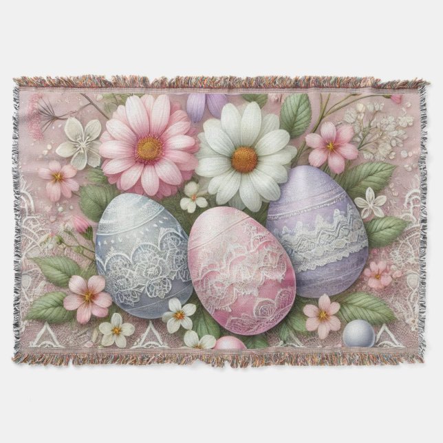 Påskägg och blommor vid rosa av pastel blommigt sn filt (Framsidan)