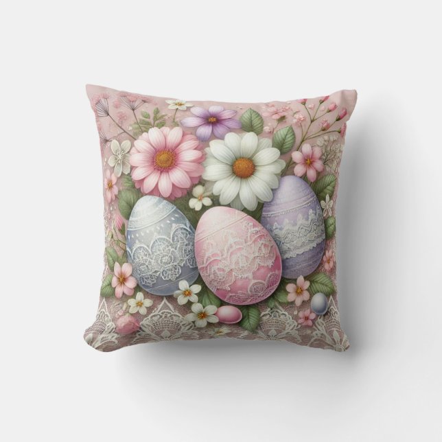 Påskägg och blommor vid rosa av pastel blommigt sn kudde (Framsida)