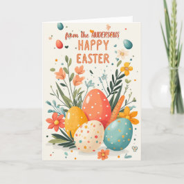 Påskägg och blomsterarrangemang helgkort