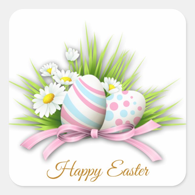 Påskägg och daisy fyrkantigt klistermärke (Framsida)