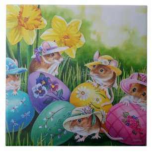 påskägg och Fält Mice Watercolor Art Art Kakelplatta
