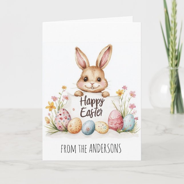 Påskägg och söt kanin i bakgrunden helgkort (Framsida)