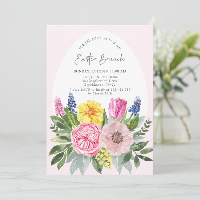 Påskägg, Rosa, Blommigt Brunch-inbjudan Inbjudningar (Stående Fram)