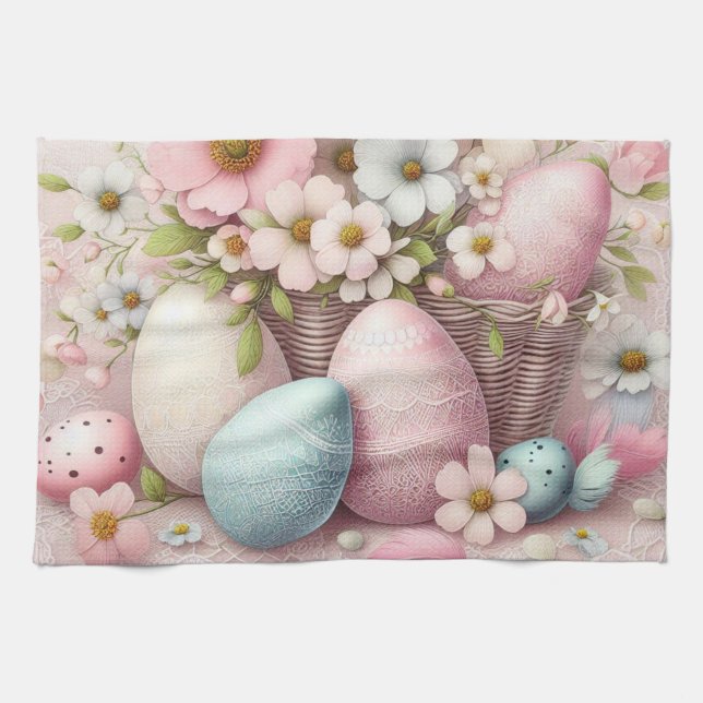 Påskägg vid Monogram snöre rosa blommigt i basket Kökshandduk (Horisontell)