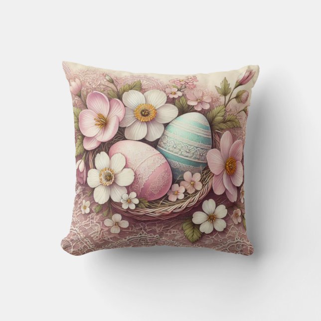 Påskägg vid Monogram snöre rosa blommigt i basket Kudde (Framsida)