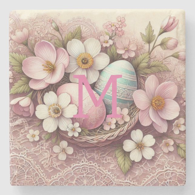 Påskägg vid Monogram snöre rosa blommigt i basket Stenunderlägg (Framsidan)